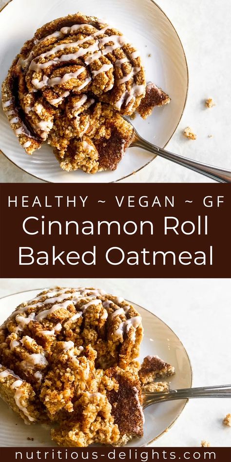 Cinnamon Rolls Oatmeal, Cinnamon Rolls Homemade Healthy, Cinnamon Baked Oats, Cinnamon Roll Baked Oatmeal, Healthy Cinnamon Roll, Cinnamon Baked Oatmeal, Vegan Baked Oatmeal, Oatmeal Vegan, Healthy Cinnamon Rolls