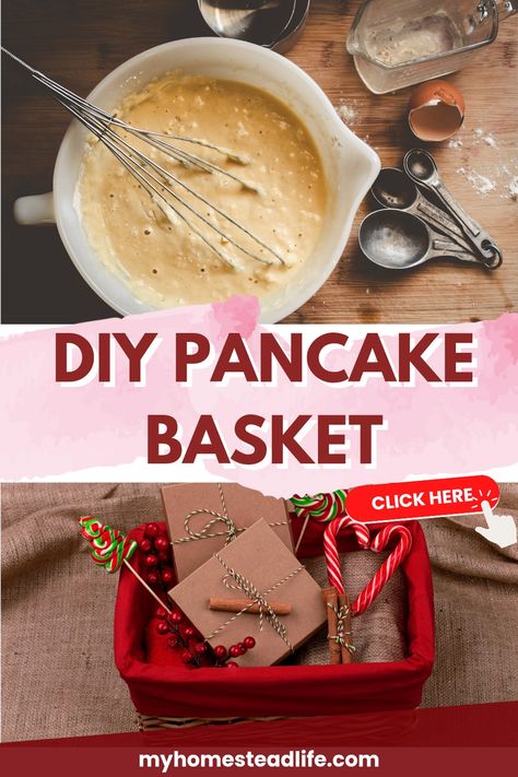 Pancake Breakfast Gift Basket, Breakfast Baskets Ideas Gift, Christmas Breakfast Gift Basket Ideas, Pancake Basket Ideas, Maple Syrup Gift Basket Ideas, Waffle Gift Basket Ideas, Christmas Breakfast Basket, Mixing Bowl Gift Basket, Breakfast Basket Ideas