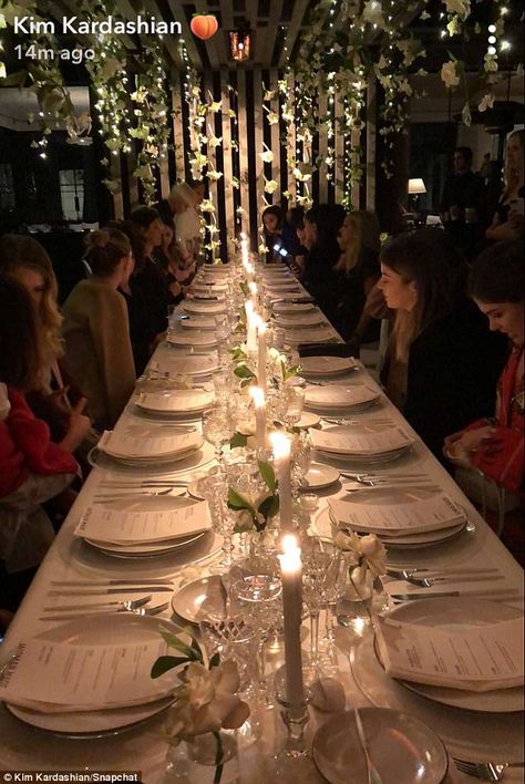 Kim Kardashian West tablescape for the launch of her new crystal-themed fragrance | Daily Mail Online...x Kim Birthday, Kardashian Christmas, Diner Party, Graduation Dinner, Dinner Party Decorations, Birthday Dinner Party, Dinner Restaurants, Dinner Party Table, Dinner Table Setting