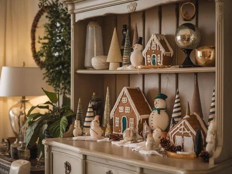 15 Christmas Hutch Ideas That Show Your Style Winter Hutch Decorating Ideas, Christmas Hutch Display, Top Of Hutch Christmas Decor, Hutch Christmas Decorating Ideas, Christmas Hutch Decor, China Hutch Display, Christmas Hutch, Hutch Styling, White Hutch