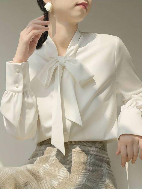 Solid Color Tie Neck Blouse, Women's Casual Long Sleeve Work Office Women's Clothing Blouse,chic, Breathable,sun/uv Protection,temu Neat Casual Outfits, Office Blouse, Chiffon Shirt Blouse, Tie Women, Modest Dresses Casual, Blouse Casual, Bow Blouse, Interview Outfit, Womens Tie