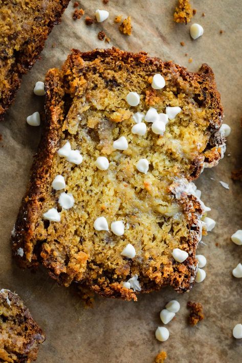 It only takes one bowl to make our daughter's white chocolate banana bread recipe, so what are you waiting on?! Banana Bread Video, White Chocolate Banana Bread, White Chocolate Banana, Dairy Free White Chocolate, Sour Cream Banana Bread, Chocolate Banana Bread Recipe, Banana Buttermilk, Peanut Butter Banana Bread, Oh Sweet Basil