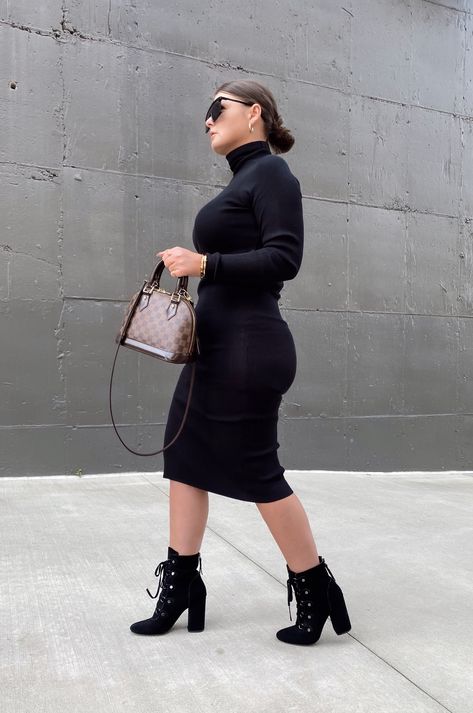 Black And White Sweater Dress Outfit, Black Dress Holiday Outfit, All Black Dress Outfit, Dress And Combat Boots Outfit, Fall Amazon Outfits, Black Sweater Dress Outfit, Dress With Booties, Black Dress Boots, Julia Marie