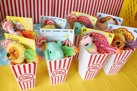 Summer Carnival Birthday | CatchMyParty.com Circus Favors Ideas, Carnival Birthday Party Goodie Bags, Circus Birthday Party Favors, Circus Goodie Bags Ideas, Circus Themed Party Favors, Carnival Sleepover Party, Carnival Theme One Year Old Party, Carnival Favor Ideas, Circus 5th Birthday Party