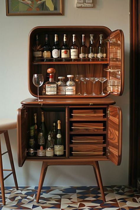 26008ad294d82fafe6e8685e739a3249 Elegant wooden liquor cabinet with bottles, glasses, and bar tools on display, set against a stylish tiled floor. | Sky Rye Design Bar Corner Ideas For Home, Small Art Deco Apartment, Mcm Bar Cabinet, Bar Ideas For Home Living Rooms, Bar Cabinet Ideas, Drinking Room, Small Home Bar, Bar Ideas For Home, 1950s Bar