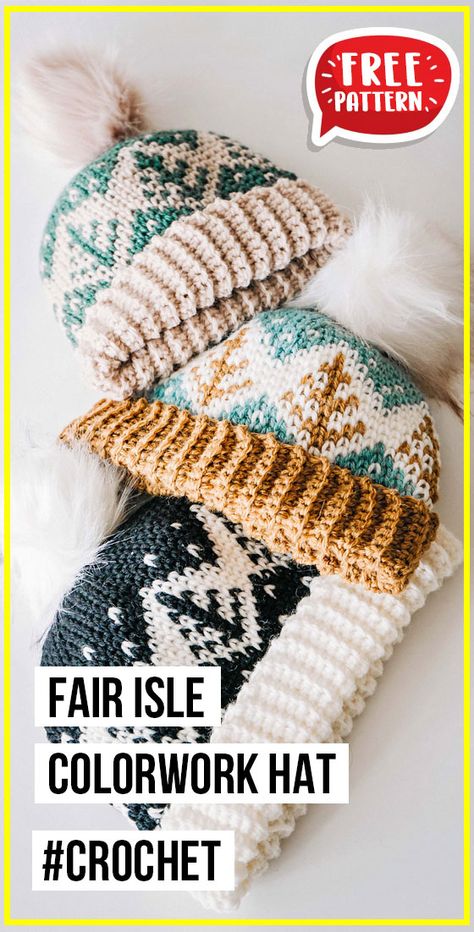 Crochet Winter Free Pattern, Crochet Fair Isle Pattern, His And Hers Crochet Hats, Winter Hat Knitting Pattern Free, Fair Isle Crochet Hat, Tapestry Crochet Hat Patterns Free, Crochet Pattern Free Hat, Crochet Fair Isle Hat Pattern Free, Mosaic Crochet Hat Patterns Free