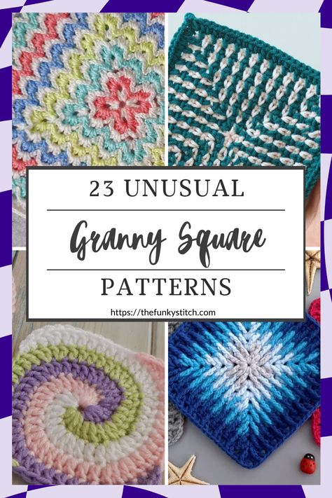 Unusual granny square crochet patterns Crochet Unique Granny Square Pattern Free, Different Square Crochet Blanket, Crochet Twisted Granny Square, Different Crochet Square Patterns, Cool Granny Squares Blankets, Crochet Granny Square Stitch, Crochet Stitches Square, New Granny Square Patterns, Crochet Square Ideas Projects