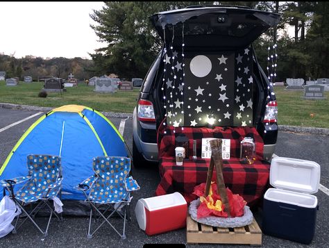 Trunk Or Treat Smore Theme, Night Sky Trunk Or Treat, Camping Theme Trunk Or Treat Ideas, S’mores Themed Trunk Or Treat, S’mores Trunk Or Treat Ideas, S’more Trunk Or Treat, Slumber Party Trunk Or Treat, Smores Trunk Or Treat Ideas, Girl Scout Trunk Or Treat Theme