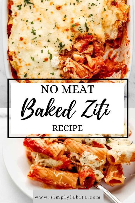 This Baked Ziti Recipe No Meat is an easy weeknight dinner that is hearty, comforting, and sure to be a family favorite. It's loaded with tender pasta, sauce, mozzarella cheese, and a creamy ricotta mixture. Ready in minutes and is sure to be loved by the whole family. simplylakita.com #vegetarianbakedziti Grandmas Baked Ziti, Baked Ziti With Mushrooms, Simple Ziti Recipes, Mostaccioli Recipe No Meat, Baked Ziti With No Ricotta, Ziti Recipes Easy No Meat, Baked Pasta No Meat, Easy Baked Ziti No Meat, Baked Pasta Recipes No Meat