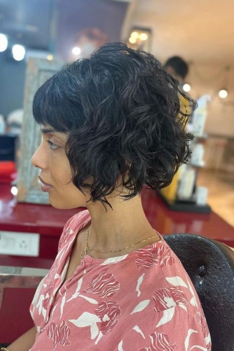 Curly French Bob Curly French Bob, Bob Inspiration, Long Curly Layers, Layered Curly Haircuts, Bangs Updo, Long Curly Haircuts, Long Angled Bob, Curly Lob, Bob Haircut Curly