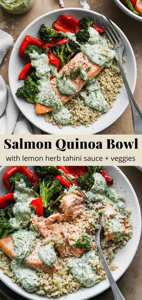 Pinterest graphic for a salmon quinoa bowl recipe with lemon herb tahini sauce and veggies. Salmon Quinoa Bowl, Salmon Quinoa, Healthy Bowls Recipes, Healthy Salmon, Salmon Dinner, Healthy Bowls, Quinoa Bowl, Tahini Dressing, Quinoa Recipes