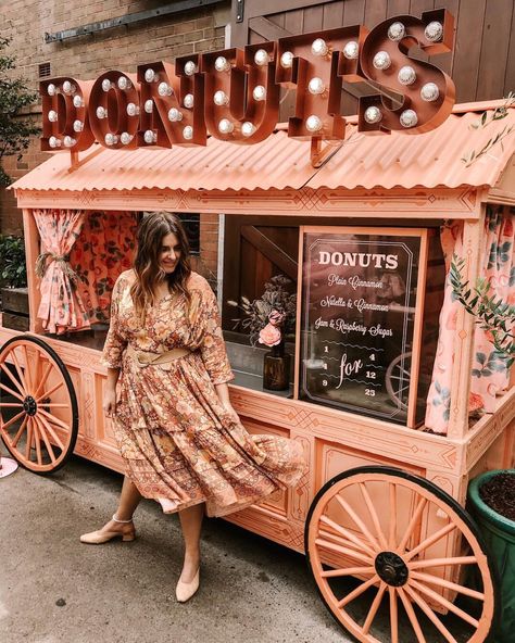 S P E L L | spell_byronbay on Instagram: “When you match the donut cart a little too well 🍩🍩 @melcarrero_ in our Amethyst Boho Dress #perfectlybelted” Donut Cart, Vintage Carts, Boho Food, Party Rentals Business, Burger Stand, Vintage Bakery, Market Stands, Food Truck Business, Food Cart Design