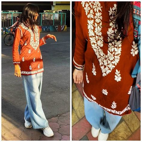 Fabric details: Kurti  – Supreme Quality Modal With Heavy Chikan Embroidery ( Stitched) Denims  – (Stitched – Free Size) Chikankari Kurti With Jeans, Chikankari Outfits, Short Kurti Designs, Kurti With Jeans, Chikan Embroidery, Chikankari Kurti, Short Kurti, Plus Size Winter, Fabric Details