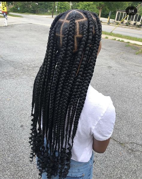 Big Block Braids Hairstyles, Jumbo Braids With Curls At The End, Large Vs Jumbo Knotless Braids, Big Box Braids Jumbo With Curly Ends, Medium Jumbo Box Braids With Curly Ends, Big Notlessbox Braids Styles Long, Large Island Twist With Curls, Kids Large Knotless Braids, Big Box Braids Jumbo