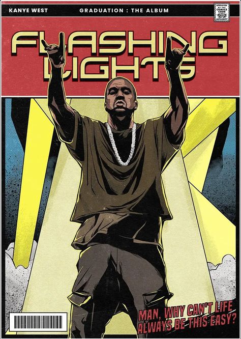 Kanye Comic Art, Vintage Music Posters Kanye West, Kayne West Poster Vintage, Kanye Wall Prints, Comic Album Cover, Rap Comic Poster, Art Poster Design Drawings, Kanye West Prints, Late Registration Kanye West Wallpaper