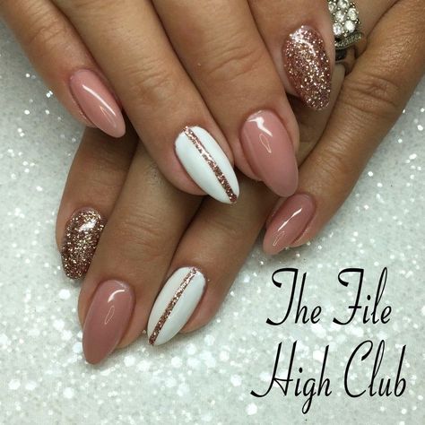 NudeWhite and Rose Gold Nails thefilehighclub White And Rose Gold Glitter Nails, Nails With Rose Gold Dress, Rose Gold And White Nails Design, Nails To Match Rose Gold Dress, Pink And Gold Nail Designs Classy, Rose Gold Wedding Nails For Bride, Pink White Gold Nails, Rose Gold New Years Nails, Rose Gold Winter Nails