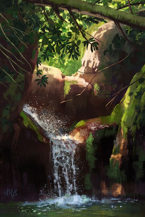 Waterfall Reference, Waterfall Drawing, Pool Drawing, Waterfall Background, Background Study, Copic Drawings, Background Scenery, Forest Waterfall, Jungle Art