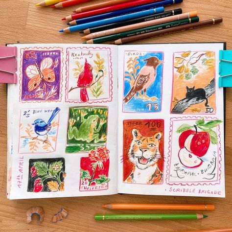 Some vintage stamp doodles from last Wednesday‘s Scribble Brigade livestream with lovely @sophiemcpike 🧡💛❤️ . The slightly unhinged tiger turned out to be my favorite 🐅 (We had 3 minutes for each or these - that’s when the most fun things happen, when you gotta be quick 😉) . Done in colored pencils ✏️ . #coloredpencils #coloredpencilart #illustrationsketch #sketchbooking #vintagestamps Color Pencil Doodles, Vintage Doodles, Illustration Sketchbook, Crayon Doodles, Colored Pencil, Colored Pencil Drawings, Colored Pencil Doodles, Digital Art Journal, Color Pencil Sketch