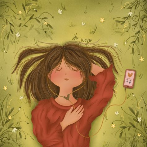 Someone Listening To Music Drawing, Lying On Grass Illustration, Girl Listening To Music Drawing, Listening To Music Drawing, Girly Sketches, Music Sketch, Grass Drawing, Headphones Art, Girl Illustrations