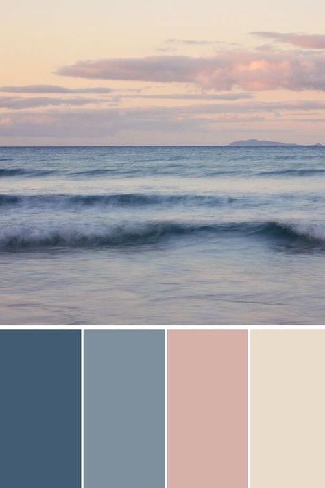 Pink And Blue Bathroom Decor Ideas, Blue Grey Pink Color Palette, Blue Color Schemes For The Home, Pink And Blue Interior Design, Branding Color Palette Blue, Peach Interior Design, Ocean Interior Design, Peach Interior, Palette Summer