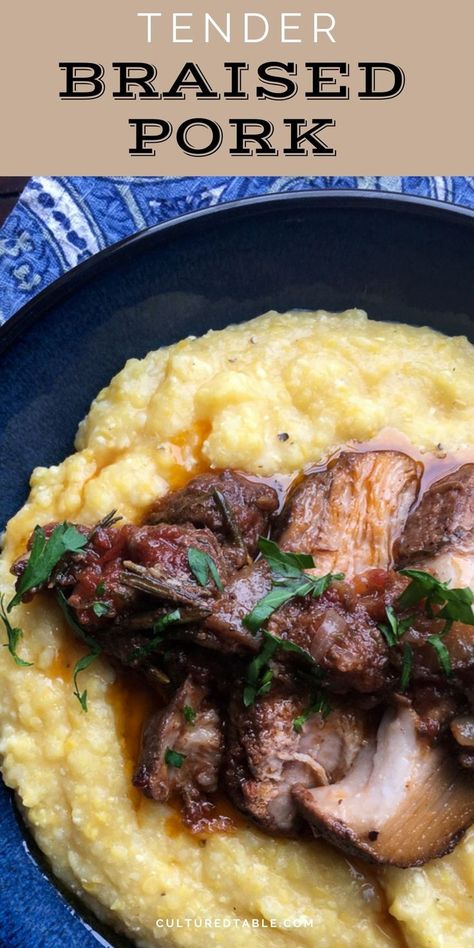 bowl of yellow polenta topped with braised pork Braising Pork Chops, Braised Pork Roast Dutch Oven, Italian Braised Pork, Dinner With Polenta, Pork And Polenta Recipes, Italian Pork Ribs Recipe, Braised Pork Loin Dutch Ovens, Braised Pork Loin Recipes Oven, French Pork Recipes