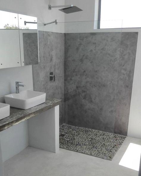 Fresh bathroom interior created with Cemcrete SatinCrete Dolphin Grey on the shower wall and Colour Hardener White floors.  #cemcrete… Cement Flooring, Cement Bathroom, Farm Retreat, Fresh Bathroom, Trendy Bathroom Tiles, Shower Floors, Modern Small Bathrooms, Shower Rooms, Concrete Bathroom