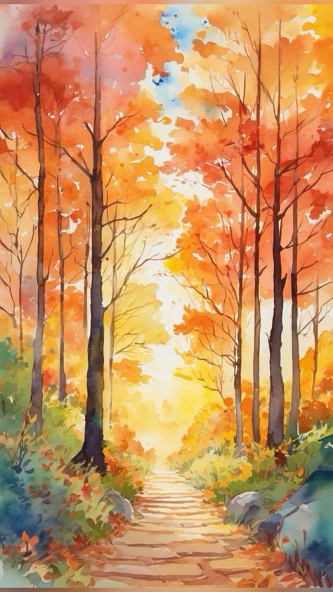 Watercolour Fall Paintings, Watercolour Autumn Landscape, Autumn Watercolor Landscapes, Watercolor House Painting, Drawing Scenery, Tree Watercolor Painting, Landscape Art Quilts, Learn Watercolor Painting, Watercolor Art Landscape