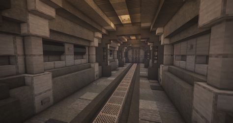 Minecraft Corporate Building, Minecraft Sewer Tunnel, Minecraft Fallout Shelter, Underground Bunker Entrance Minecraft, Minecraft Tardis Interior, Minecraft Bunker Entrance Ideas, Minecraft Scp Facility, Minecraft Train Station Underground, Minecraft Hallway Floor Designs