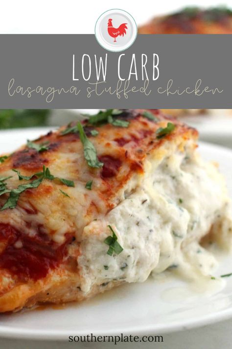 I was hankering from some lasagna today but wanted to make it low carb. So I came up with this Low Carb Lasagna Stuffed Chicken. Low Carb Chicken Lasagna, Chicken Cottage Cheese, Lasagna Stuffed Chicken, Best Grill Recipes, Chicken Cottage, Picnic Potluck, Low Carb Lasagna, Chicken With Italian Seasoning, Southern Plate