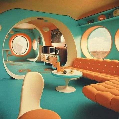 Retro Futurism Interior, Space Age Interior, Space Age Aesthetic, 60s Space Age, Vintage Futurism, Age Aesthetic, 70s Interior, Retro Interior Design, Futuristic Home