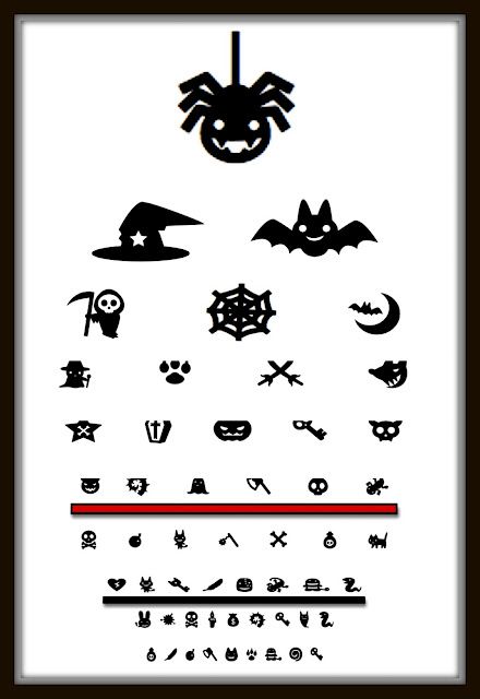 Printable Halloween eye chart (http://gardenberger.blogspot.com/2011/10/halloween-eye-chart-printable.html) Eye Chart Printable, Optometry Humor, Optician Marketing, Optometry Office, Eye Facts, Eyewear Display, Sunglasses Organizer, Eye Chart, Halloween Eyeballs