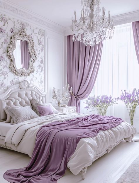 Under The Sea Themed Bedroom, Purple Apartment, Sea Themed Bedroom, Old Money Bedroom, Bridgerton House, Girly Pink Bedroom, Purple Room Decor, Lavender Room, Elegant Bedroom Decor