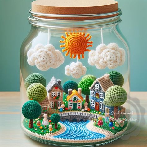 Crochet Dreams | “🌟 Four seasons, four jars, four crocheted cities! 🏙️❄️🌸🌞🍂 Step into my magical world where each jar reveals the secrets of a different… | Instagram Garden Crochet, Winter Town, Crochet Dreams, Diy Jar, Crochet Garden, Aluminum Can Crafts, Golden Autumn, Toys Crochet, Crochet Dragon