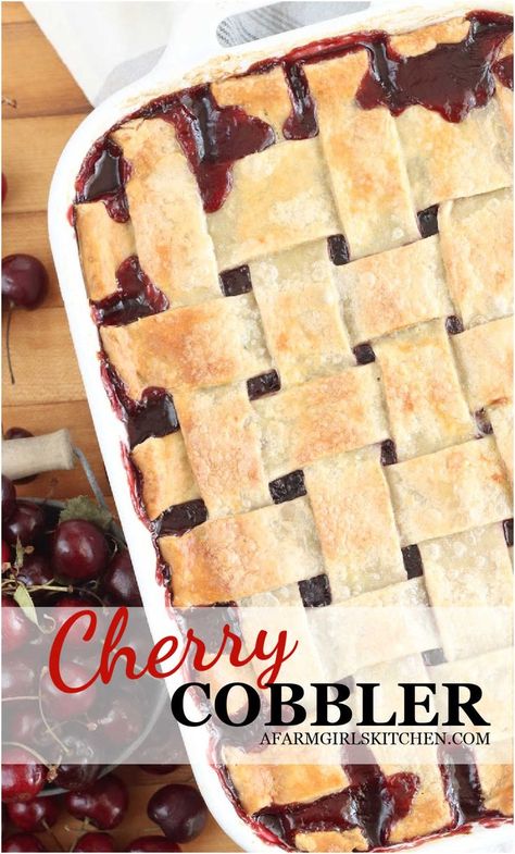 Cherry cobbler with lattice pie crust in white rectangle baking dish on wooden cutting board. Fresh Cherry Pie Recipe, Fresh Cherry Cobbler Recipe, Fresh Cherry Cobbler, Tart Cherry Pie, Pie Filling Desserts, Easy Cherry Cobbler, Fresh Cherry Pie, Cherry Pie Filling Recipes, Berry Cobbler Recipes