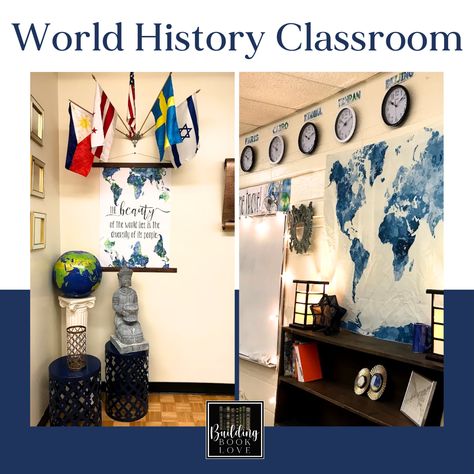 Middle School World History Classroom: Inspiration for a Small Windowless Classroom - Building Book Love American History Classroom Decor, Windowless Classroom, Middle School History Classroom, History Teacher Classroom, History Classroom Decorations, High School History Classroom, American History Classroom, Teaching Classroom Decor, Classroom Decor Middle