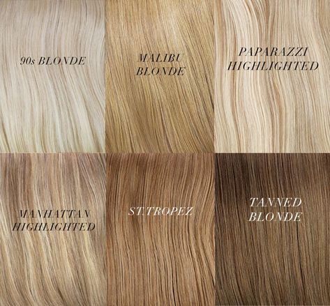 Blonde Hair Color Swatches: 90s Blonde, Malibu Blonde, Paparazzi Blonde, Manhattan Blonde, St. Tropez, Tanned Blonde Shades Of Blonde Hair Color, Blonde Color Chart, Shades Of Blonde Hair, Types Of Blondes, Blonde Hair Color Chart, Hair Color Swatches, Hair Chart, Different Shades Of Blonde, Blond Beige