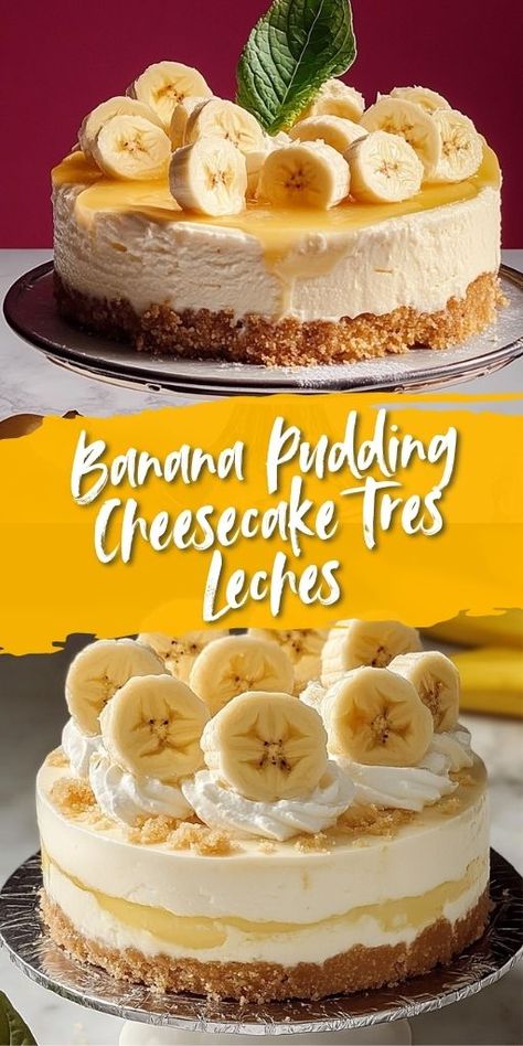 Craving something sweet? Try this Banana Pudding Cheesecake Tres Leches – a creamy, decadent dessert that combines the best of banana pudding, cheesecake, and tres leches cake! It’s a crowd-pleaser that will satisfy all your dessert cravings. This recipe is perfect for gatherings, holidays, or a special treat. 🍌🍰 #BananaPudding #Cheesecake #TresLechesCake #DessertRecipes #SweetTooth #EasyDesserts Pound Cake Cheesecake, Banana Tres Leches Cake, Cheesecake Pudding Mix Recipes, Tres Leches Cups, Tres Leches Cheesecake, Dessert Cravings, Rich Cheesecake, Easy Dessert Ideas, Pudding Cheesecake