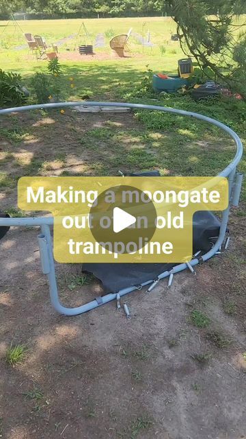 Ellie Bagwell on Instagram: "Making a Moongate out of an old trampoline. ✨️  This is a 10ft trampoline and it is the perfect size. I've been wanting a moongate in the spot for a while now and it looks just how I envisioned.  Repurposing old materials can make some the coolest projects!  #moongate #repurposedmaterials #trampoline #gardeninspiration #growagarden #fairycore #fairygarden #gardendesign #gardening #outdoordecor #diy" Ideas For Trampoline Frame, Trampoline Frame Garden Arch, Diy Garden Landscaping Ideas, Trampoline Frame Arbor, Trampoline Transformation Ideas, Upside Down Trampoline Ideas, Old Trampoline Frame Ideas Garden, Recycled Greenhouse Diy, Trampoline Ring Ideas