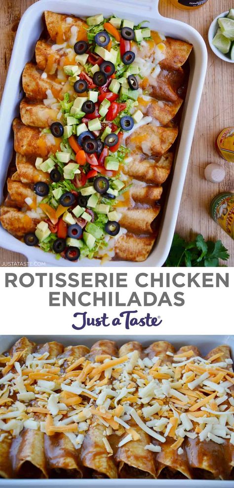 This surprisingly easy recipe for Chicken Enchiladas stars store-bought rotisserie chicken and a quick-fix homemade enchilada sauce. Best of all, this Mexican food favorite will be on your table in 45 minutes or less! #justatasterecipes Chicken Enchiladas Rotisserie, Mexican Rotisserie Chicken Recipes, Rotisserie Chicken Mexican Recipes, Chicken Enchiladas With Rotisserie, Rotisserie Chicken Enchiladas Easy, Recipe For Chicken Enchiladas, Rotisserie Chicken Enchiladas, Mexican Chicken Recipes, Chicken Enchiladas Easy