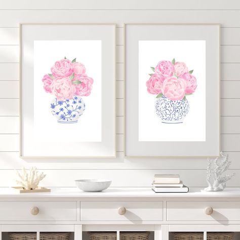 Blue Chinoiserie Wall Art Pink Peony Painting Ginger Jar Print Set 2 Chinoiserie Print Peony Wall Art Blue and White China Vase Peony Print - Etsy Blue And Pink Artwork, Navy And Pink Wall Art, Pink And Blue Wall Decor, Pink And Blue Wall Art, Pink And Blue Room Ideas, Room Decor Blue And White, Blue And Pink Room, Blue And Pink Painting, Pink And Blue Room