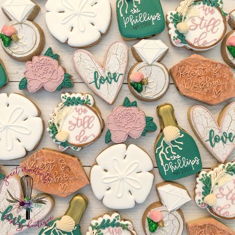 Decorated Sugar Cookies Royal Icing Cookies We still do Ocean Seashell Vow Renewal Vow Renewal Dessert Table, Vow Renewal Cookies, We Still Do Cookies, Brunch Vow Renewal, Beach Theme Bridal Shower Cookies, Sugar Cookie Royal Icing, Sugar Cookie Designs, Vow Renewal, Icing Cookies