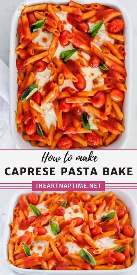 A delicious caprese pasta bake covered in creamy tomato sauce and bubbly mozzarella. This easy 30-minute meal is the perfect way to use up fresh tomatoes and basil from the garden! Basil Mozzarella Pasta, Caprese Pasta Bake, Mozzarella Pasta Bake, Asian Steak Bites, Tomato Mozzarella Basil, Creamy Pasta Bake, Mozzarella Pasta, 30 Minute Meals Easy, Healthy Baked Chicken