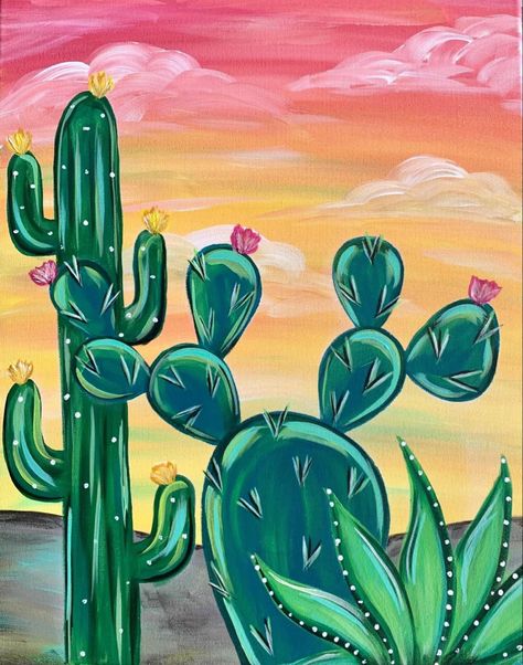 Cactus With Flowers Painting, Sip And Paint Ideas Mexican, Hand Painted Cactus, Pictures To Paint Ideas, Paint Cactus Easy, Easy Mexican Paintings, Canvas Painting Class Ideas, Painting A Cactus, Cactus Paintings Acrylic