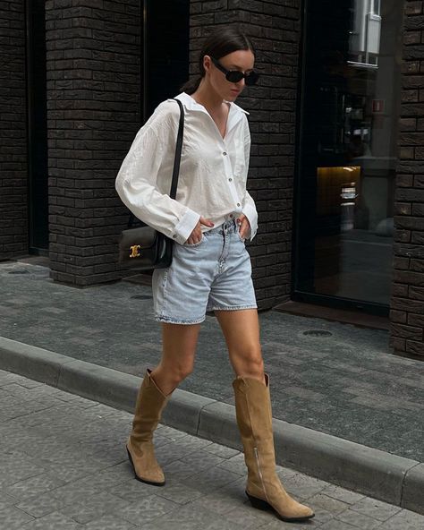 Influencer outfit round-up Mid Season Outfit, Outfits With Cowboy Boots For Women, Shorts And Cowboy Boots, Cowboy Boot Outfits, Cowgirl Boots Outfit, Concert Outfit Summer, Jean Short Outfits, Cute Outfits With Jeans, Country Concert Outfit