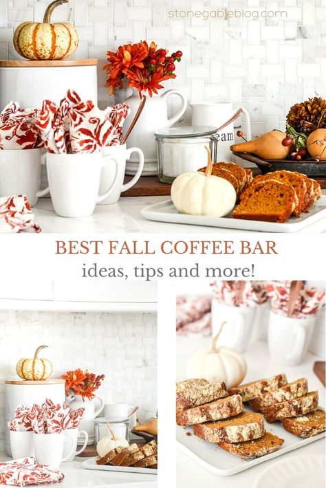 How to set up an easy and so pretty FALL COFFEE BAR! Lots of delicious ideas and tips and images to help you set up your own!#fall #falltablescape #falltable #fallideas #falltips #fallhome Bar Decorating Ideas, Autumn Coffee Bar, Coffee Vibes Aesthetic, Holiday Coffee Bar, Fall Coffee Bar, Coffee Bar Party, Soup Bar, Pumpkin Spice Creamer, Coffee Bar Station