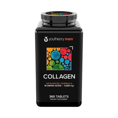 Youtheory Collagen for Men is designed for every man at every stage of life - supplying high-quality collagen peptides to help counteract age-related collagen loss, *potency and traceability. Collagen dosage supports skin, hair and tendons and ligaments. With 18 amino acids, collagen is the "glue" that holds us together. This major structural protein is found in hair, skin, joints, bones, blood vessels and connective tissues.  Product Features:  * Formulated specifically for men * Formulated for optimal absorption & digestibility * 5000mg of collagen to support skin, hair, ligaments and tendons * Added Fo-Ti root extract supporting healthy hair growth * Manufactured in-house, guaranteeing purity, potency and traceability * Includes men's collagen tablets, 360 ct.   Active Ingredients: Prot Collagen Tablets, Youtheory Collagen, Beauty Supplement, Ligaments And Tendons, Magnesium Deficiency, Beauty Supplements, Skin Hair, Collagen Peptides, Hydrolyzed Collagen