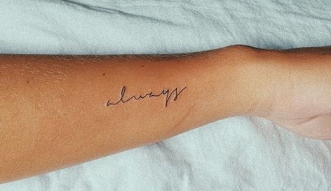 Always Fine Line Tattoo, Always Cursive Tattoo, Fine Line Name Tattoo Arm, Cursive Name Tattoo On Arm, Always Tattoo Font, Dainty Script Tattoos, Dainty Cursive Tattoo, Cursive Handwriting Tattoo, Dainty Name Tattoos