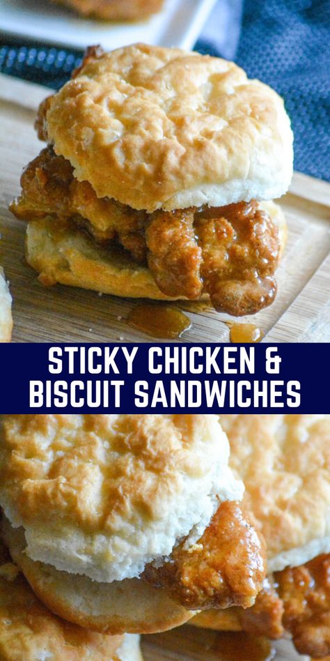 Sticky chicken and biscuit sandwiches combine crisp chicken strips, tender buttermilk biscuits and a finger licking good sweet and spicy honey glaze. Make this delicious take on chicken and biscuits and create a chicken slider sandwich your family will love. #chicken #sandwich #lunch #recipe #dinner Sweet Sandwiches, Crisp Chicken, Sandwiches Chicken, Biscuit Sandwiches, Chicken Biscuit, Slider Sandwiches, For Dinner, Biscuit Sandwich, Sticky Chicken