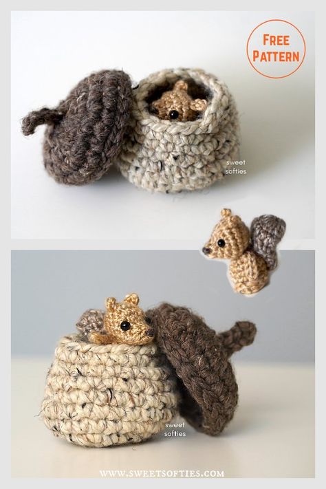 Baby Squirrel in Acorn Free Crochet Pattern Waldorf Crochet Pattern, Free Realistic Animal Crochet Patterns, Crochet Amigurumi Possum Free Pattern, Things To Crochet For Gifts, Cool Crochet Patterns Free, Free Micro Crochet Patterns, Crochet Acorn Pattern Free, Crochet Ideas For Kids, Micro Crochet Pattern Free