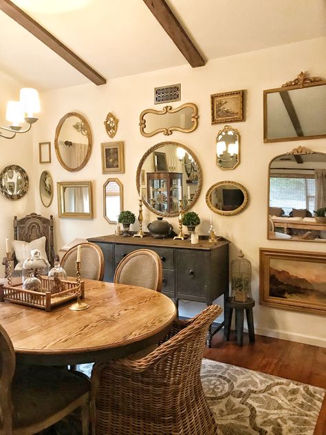 Mix of vintage and thrifted mirrors Mirror Wall Ideas, Mirror Gallery Wall Ideas, Vintage Mirror Wall Decor, Wall Mirror Decor Living Room, Mirror Collage, Vintage Wall Mirror, Mirror Decor Living Room, Mirror Gallery, Mirror Gallery Wall